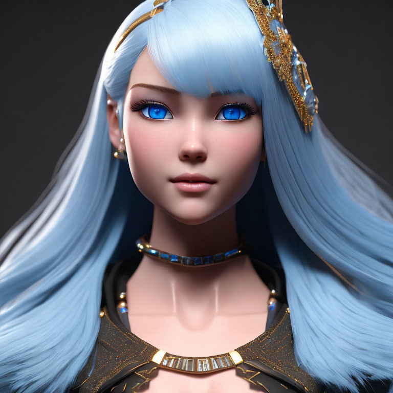 Character portrait with blue hair, blue eyes, gold headpiece, black outfit