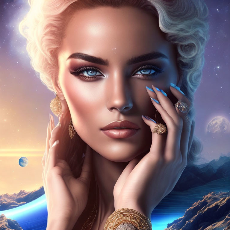 Blonde woman with blue eyes in cosmic portrait.