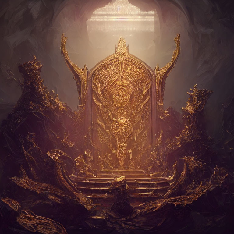 Golden ornate throne in mystical chamber with intricate patterns and ethereal light.