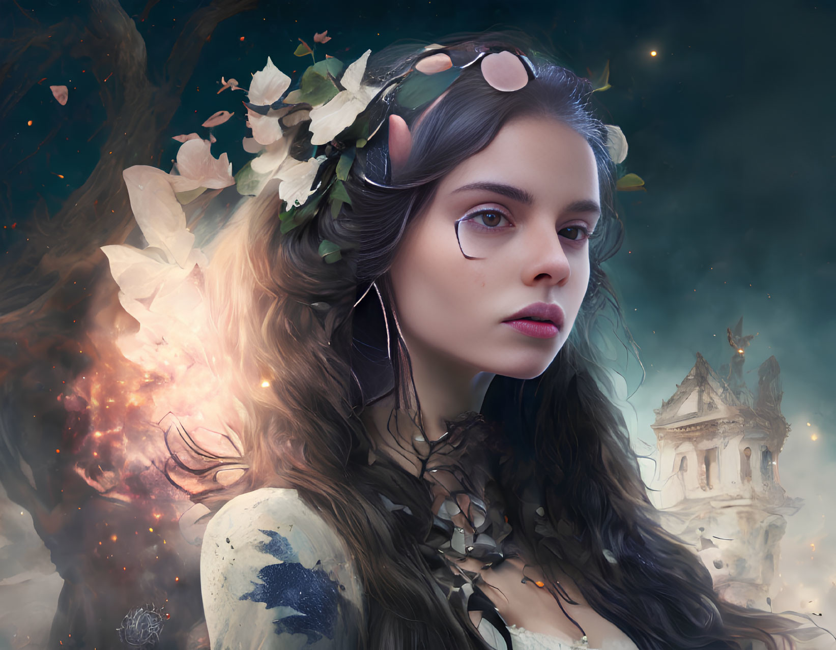 Fantasy woman digital artwork with floral crown and ethereal backdrop