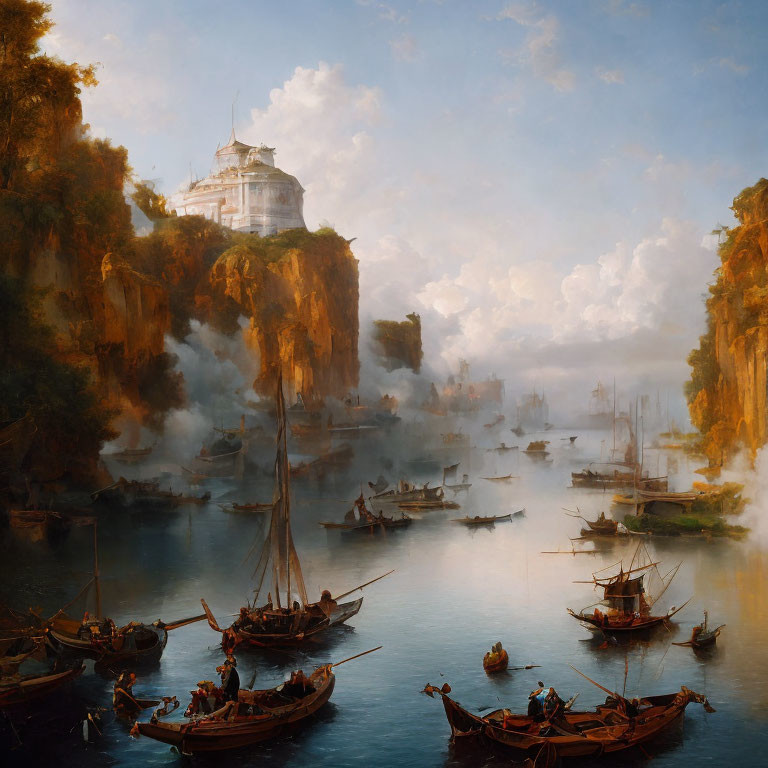 Classical painting of serene harbor with boats and cliff-top structure