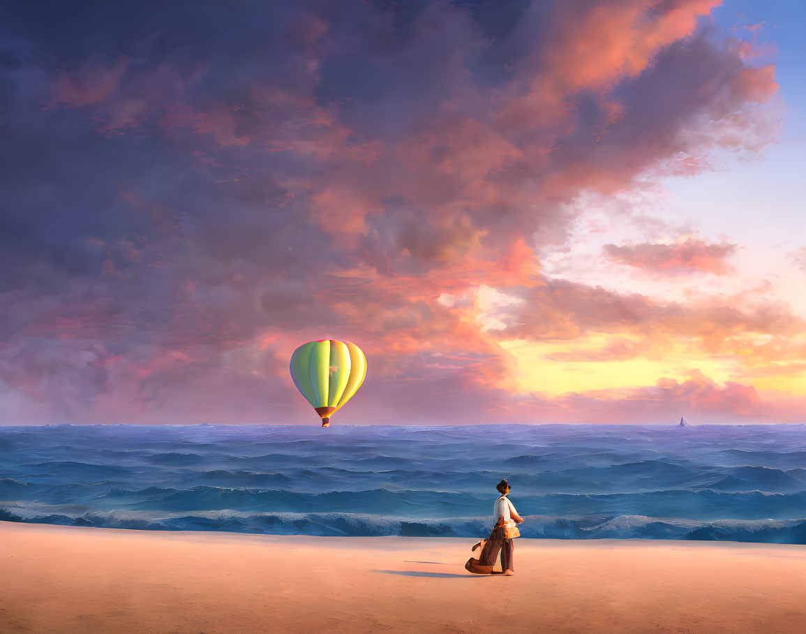 Figure on sandy shore gazes at hot air balloon over tranquil sea at sunset