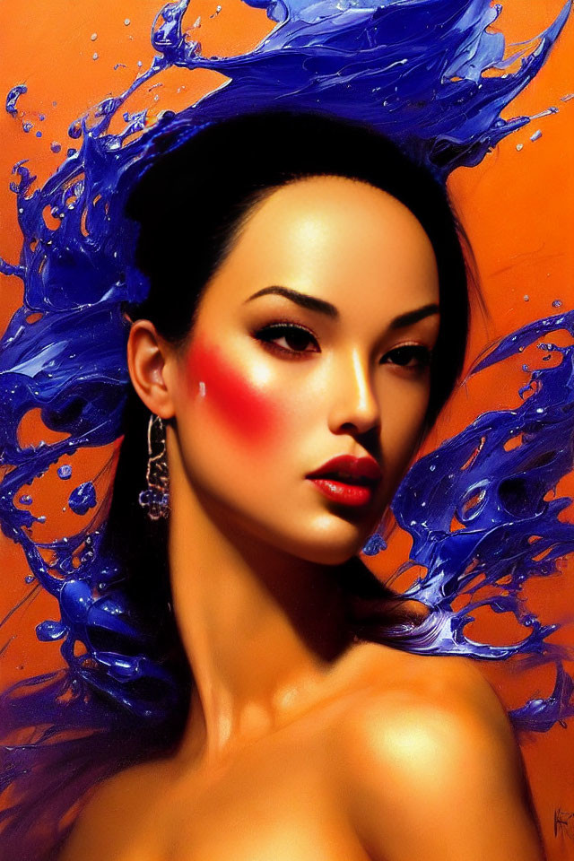 Vibrant digital art: woman with rouge cheeks, dynamic blue paint strokes.