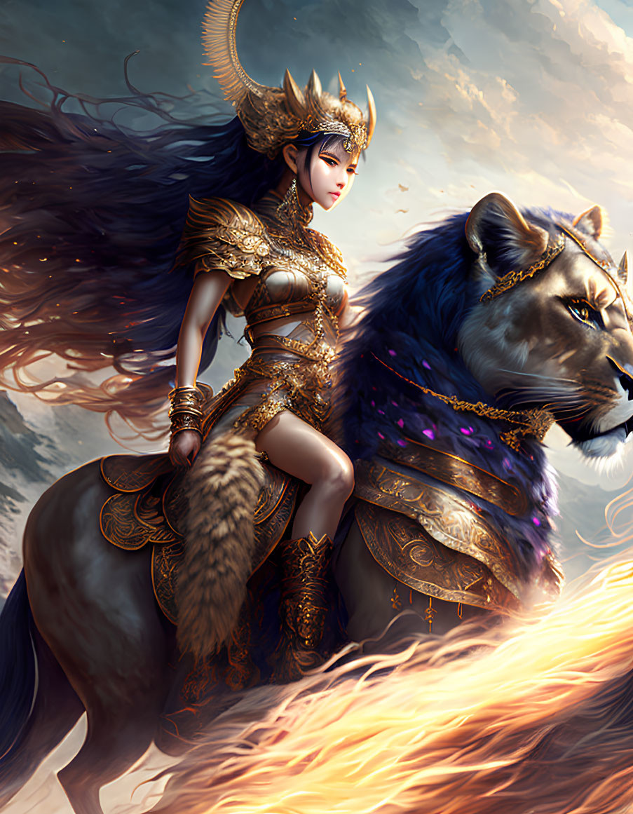 Regal warrior woman in golden armor riding lion under dramatic sky