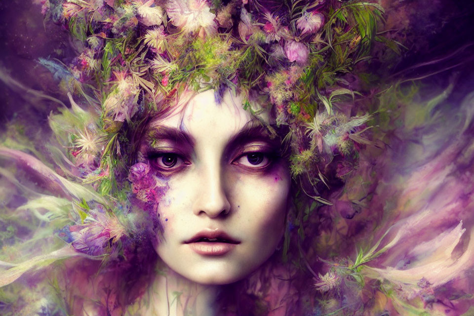 Surreal portrait with floral elements and vibrant purple hues