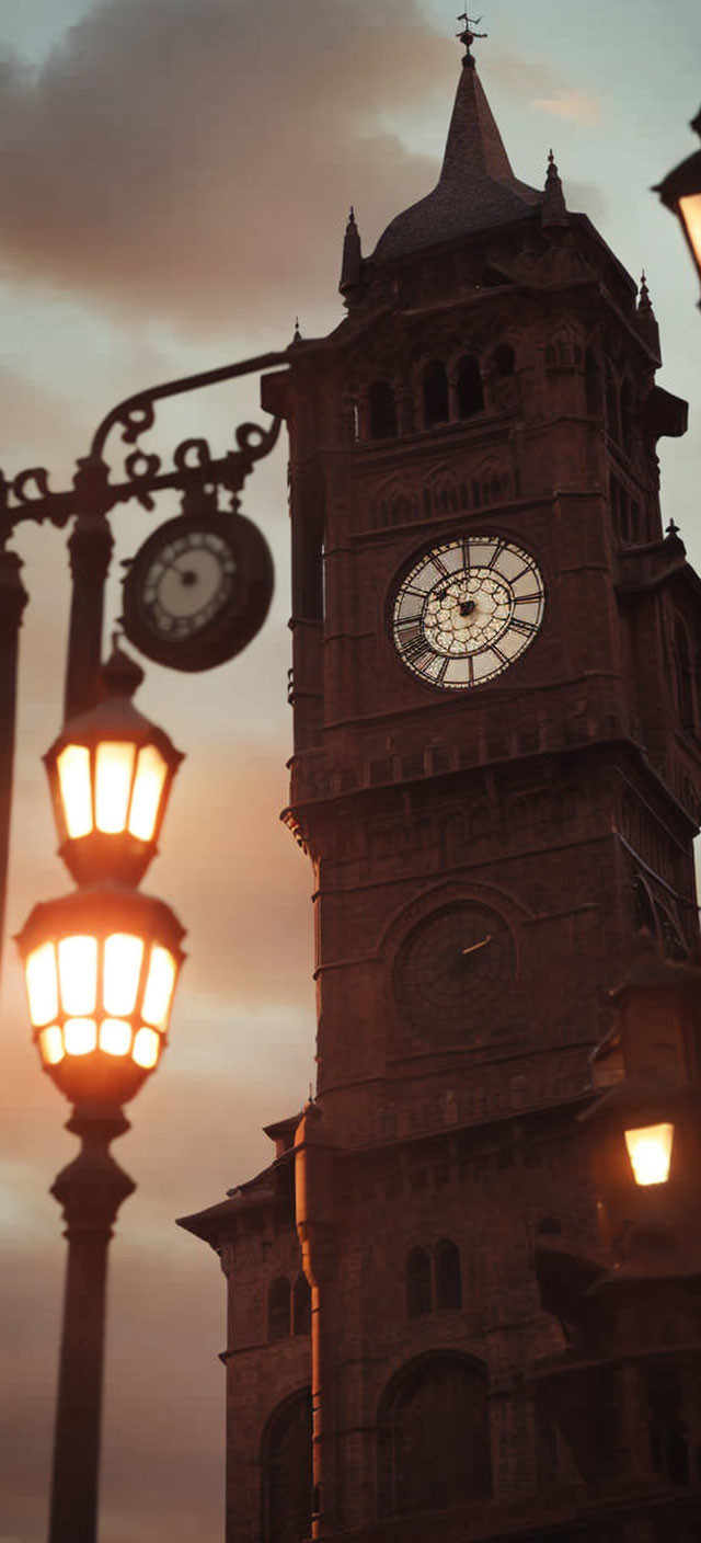 Illuminated street lamp and Gothic clock tower at dusk