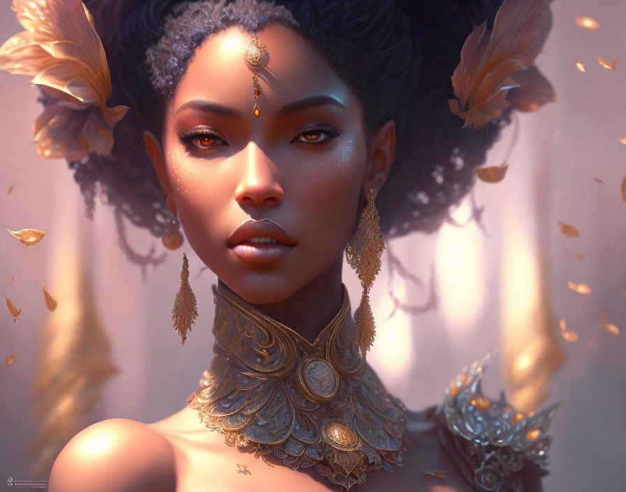 Intricate digital art portrait of a woman with gold jewelry and feathers