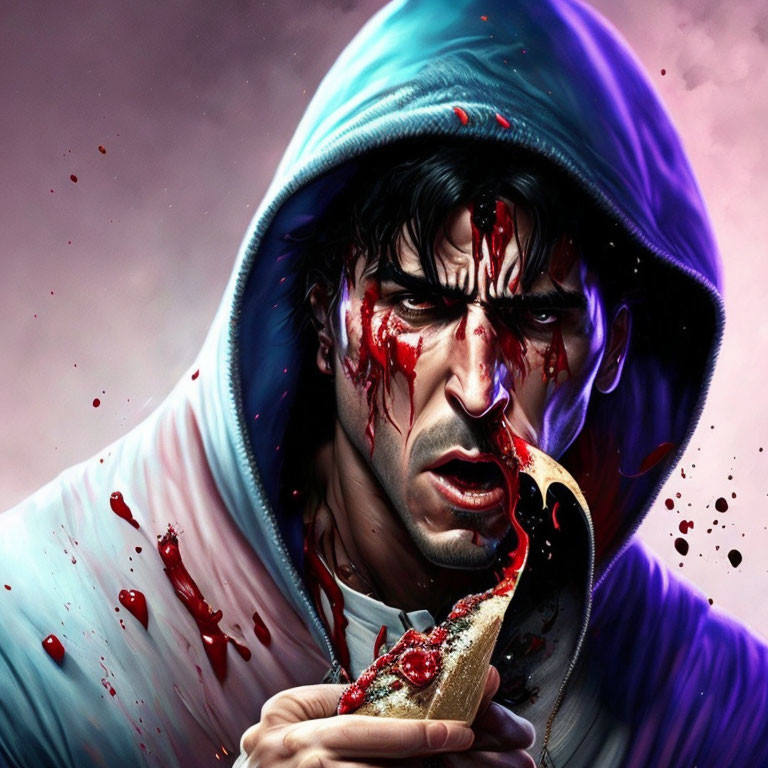 Man in purple hood with blood splattered, holding bloodied blade against palm