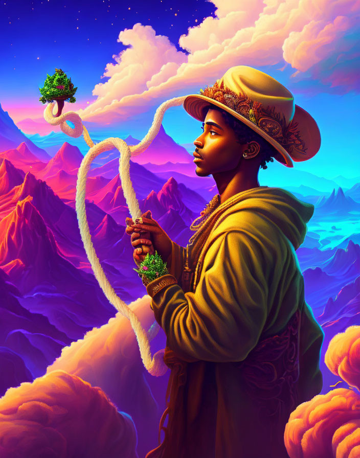 Person in straw hat plays flute in surreal mountain landscape