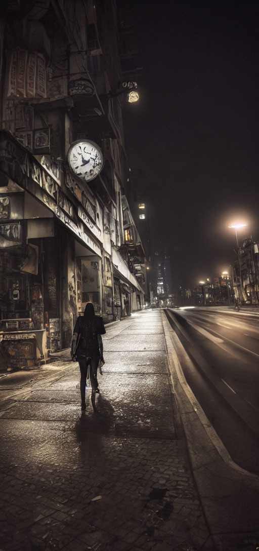 Urban street scene at night with clock, graffiti walls, and misty ambiance