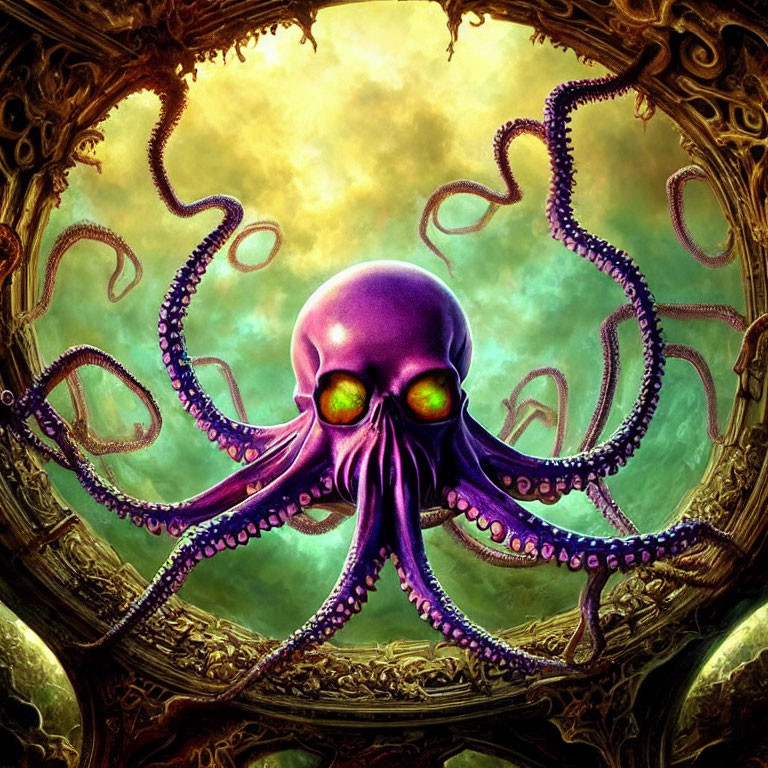 Purple Octopus with Green Eyes in Ornate Circular Frame on Yellow Cloudy Background