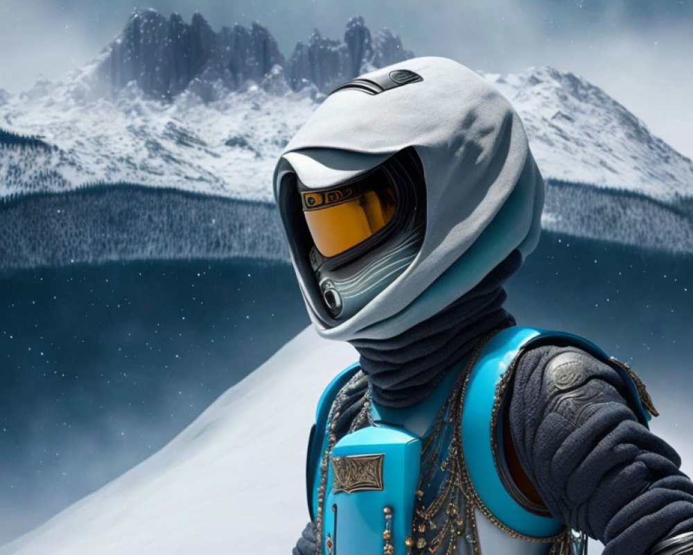 Futuristic astronaut in white and blue suit against snowy mountains and cloudy sky