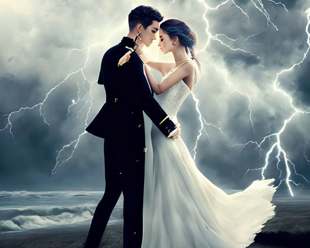 Formal attire couple embraces on beach under stormy sky