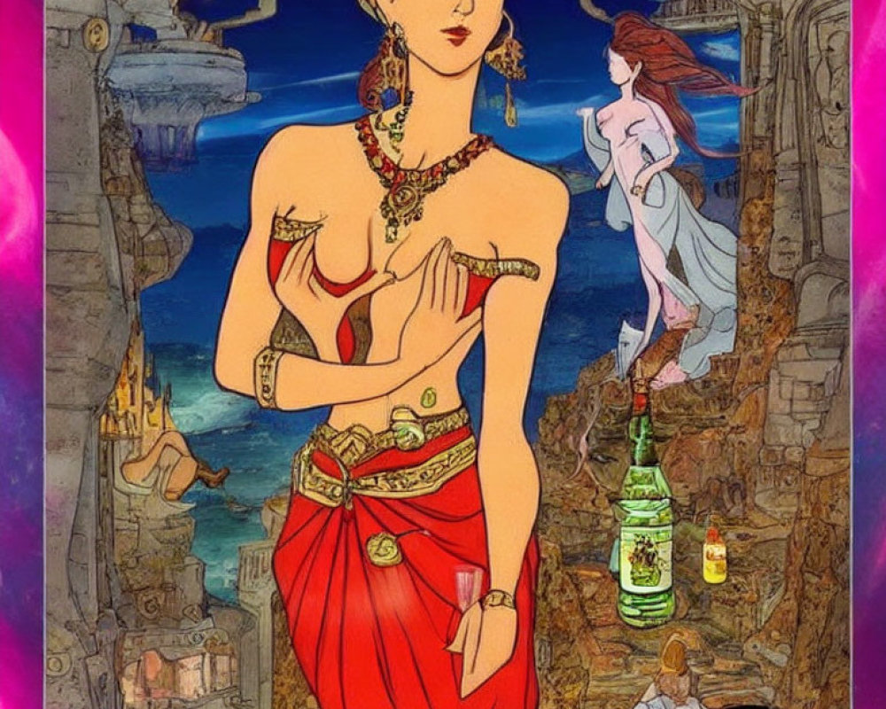 Illustrated woman in red outfit with golden jewelry against fantastical backdrop.