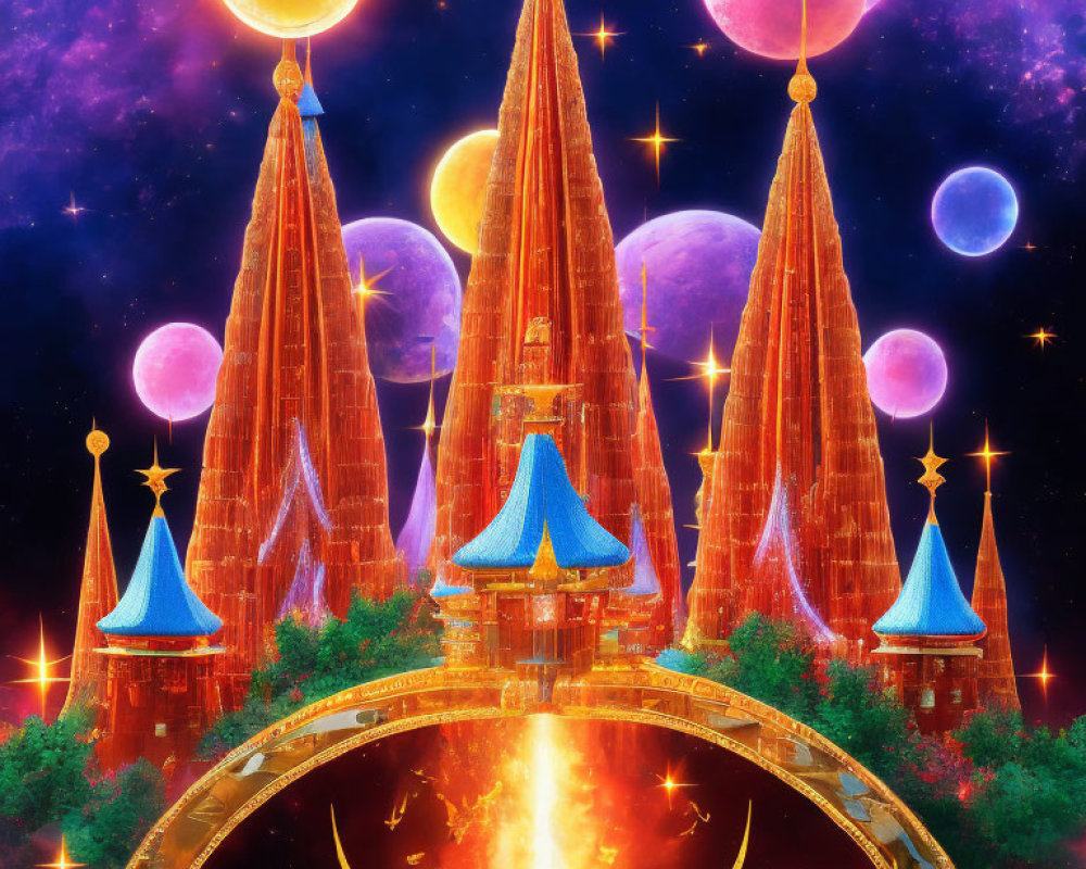 Fantasy castle with pointed turrets under cosmic sky and colorful planets.