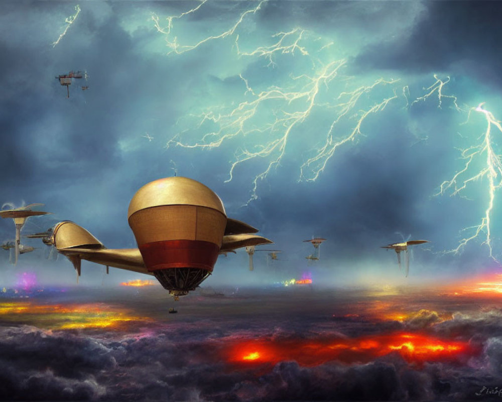 Fantasy landscape with central airship, fiery clouds, and stormy sky.