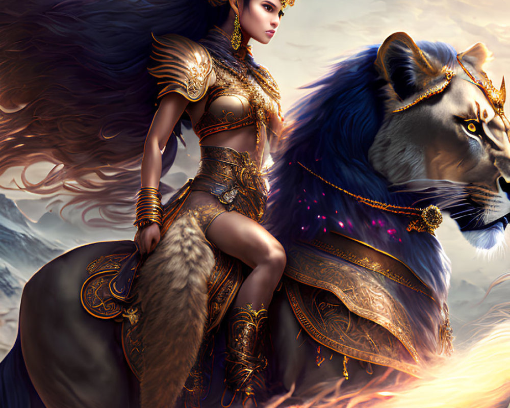 Regal warrior woman in golden armor riding giant lion under cloudy sky