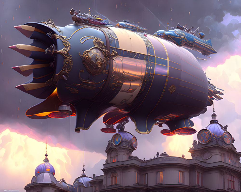 Steampunk airship with gold detailing over classical buildings at dusk