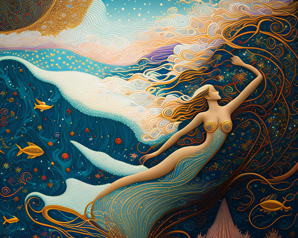 Vibrant underwater scene: mermaid with flowing hair in celestial waters