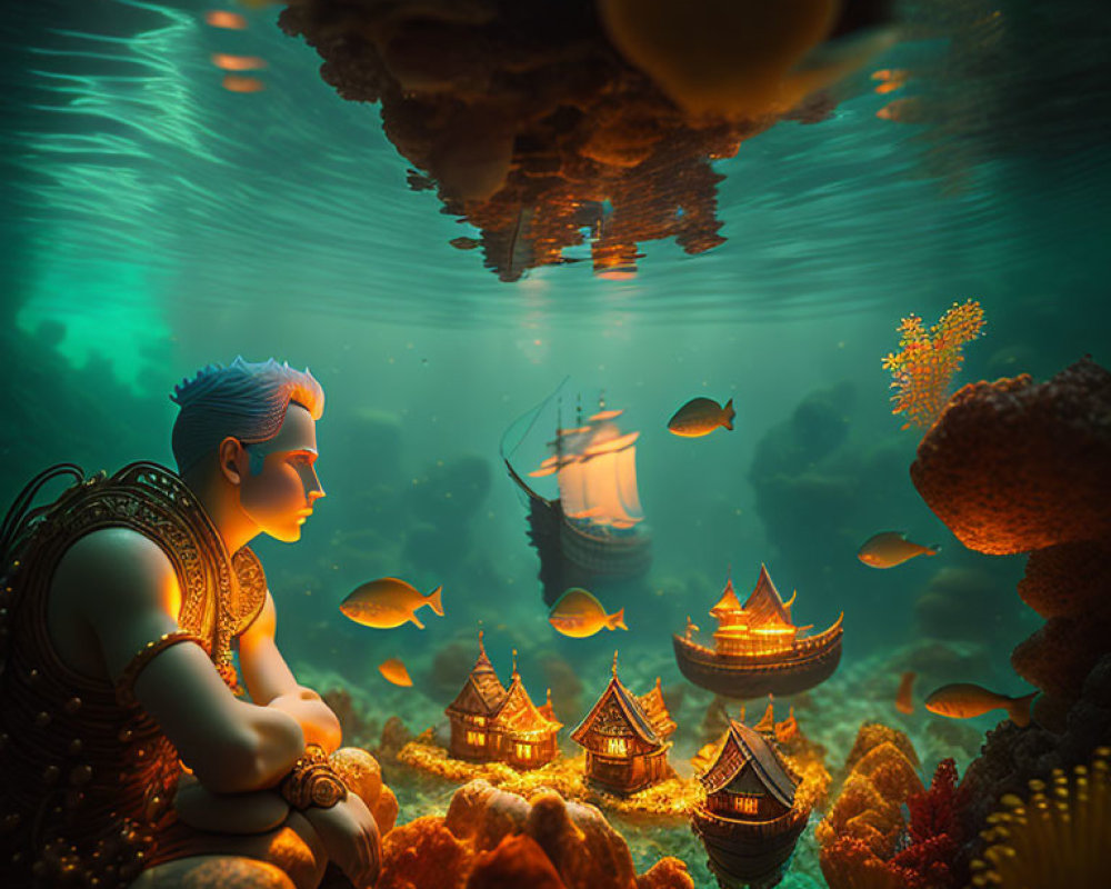 Animated underwater scene with contemplative character and stylized fish