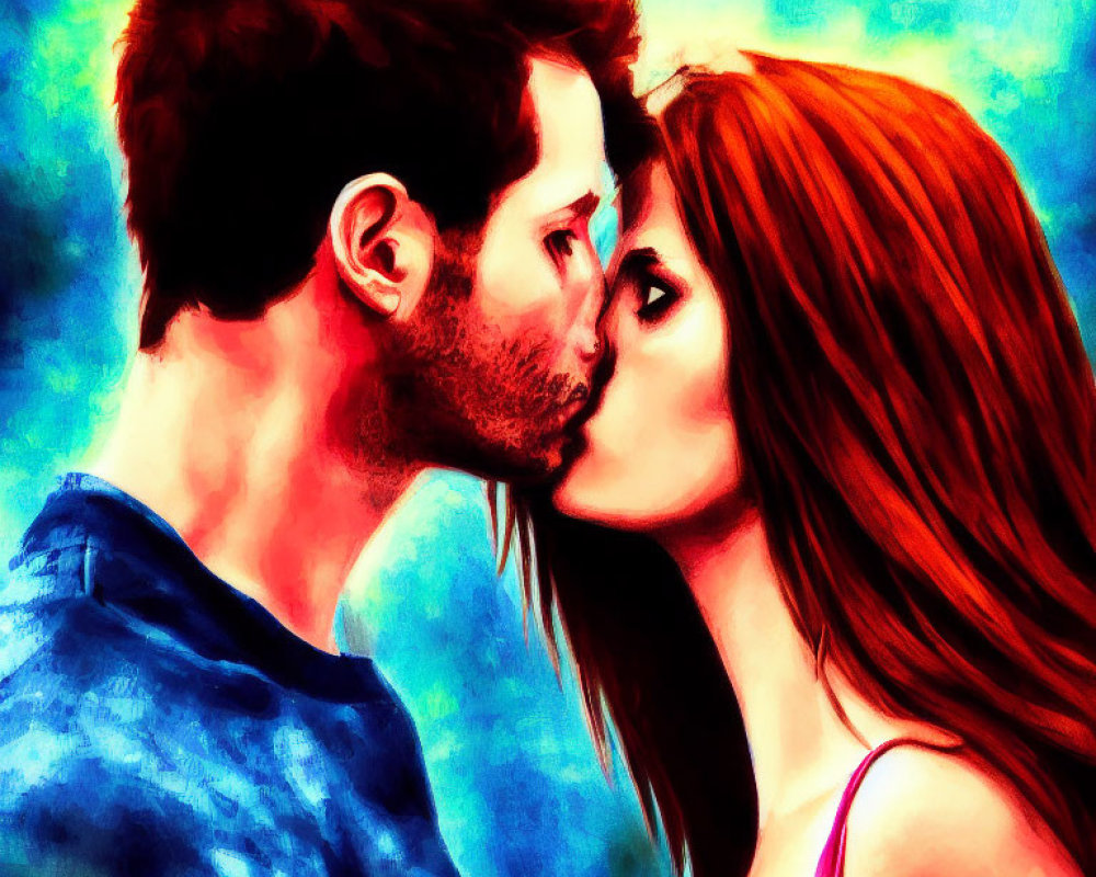 Vibrant painting of man and woman sharing intimate kiss