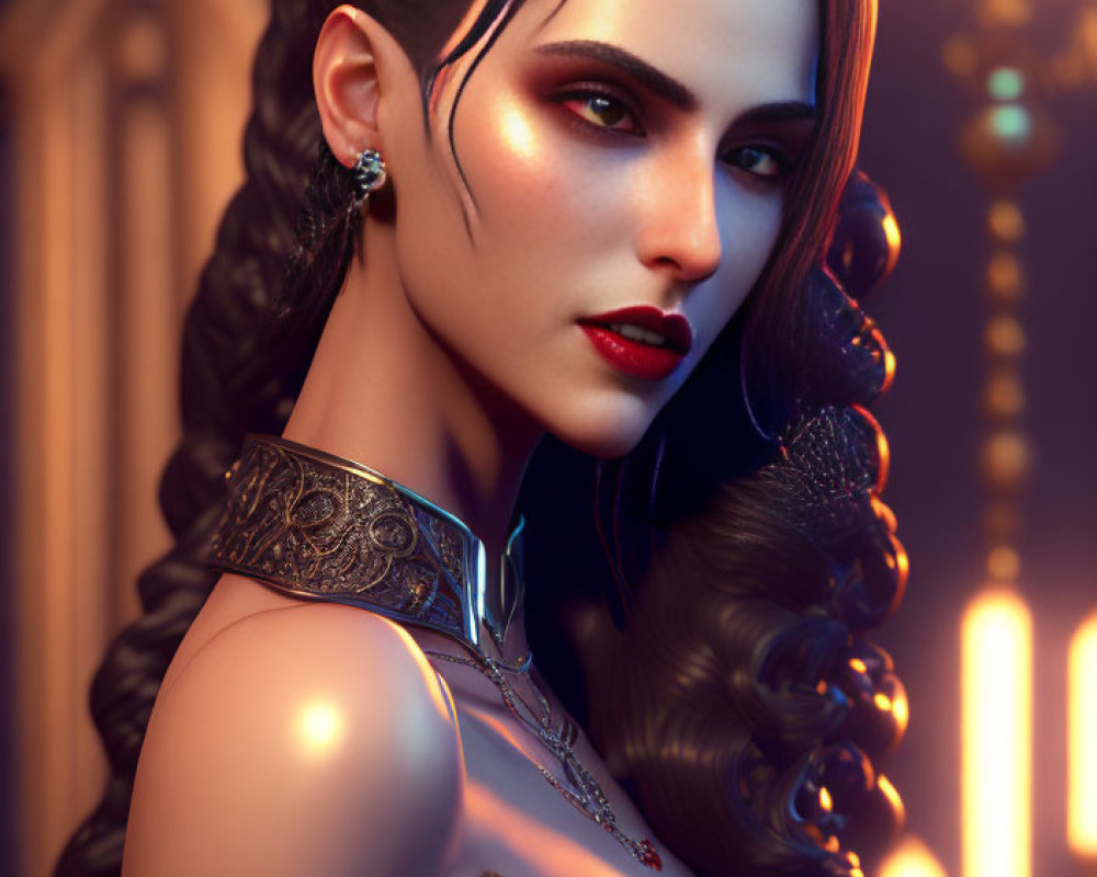 Virtual female character with porcelain skin and dark hair in futuristic collar