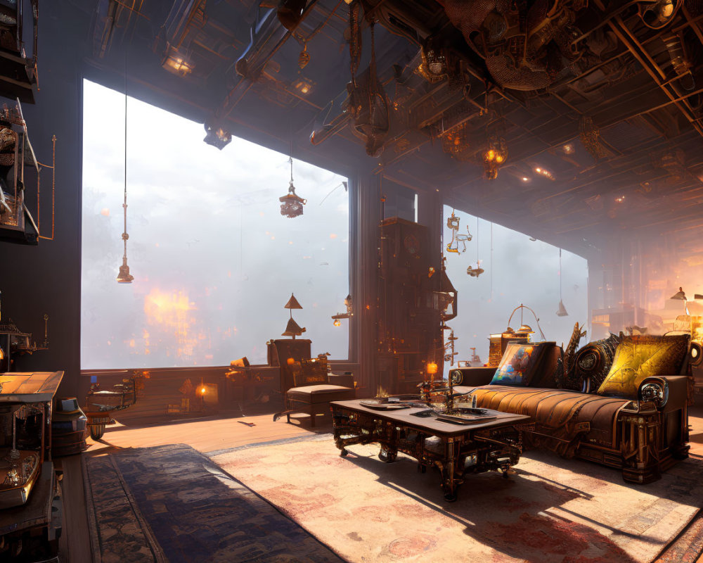 Steampunk-inspired Victorian interior with brass accents and fiery skyline view