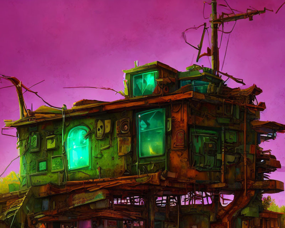 Decrepit multi-level building with green windows against pink sky