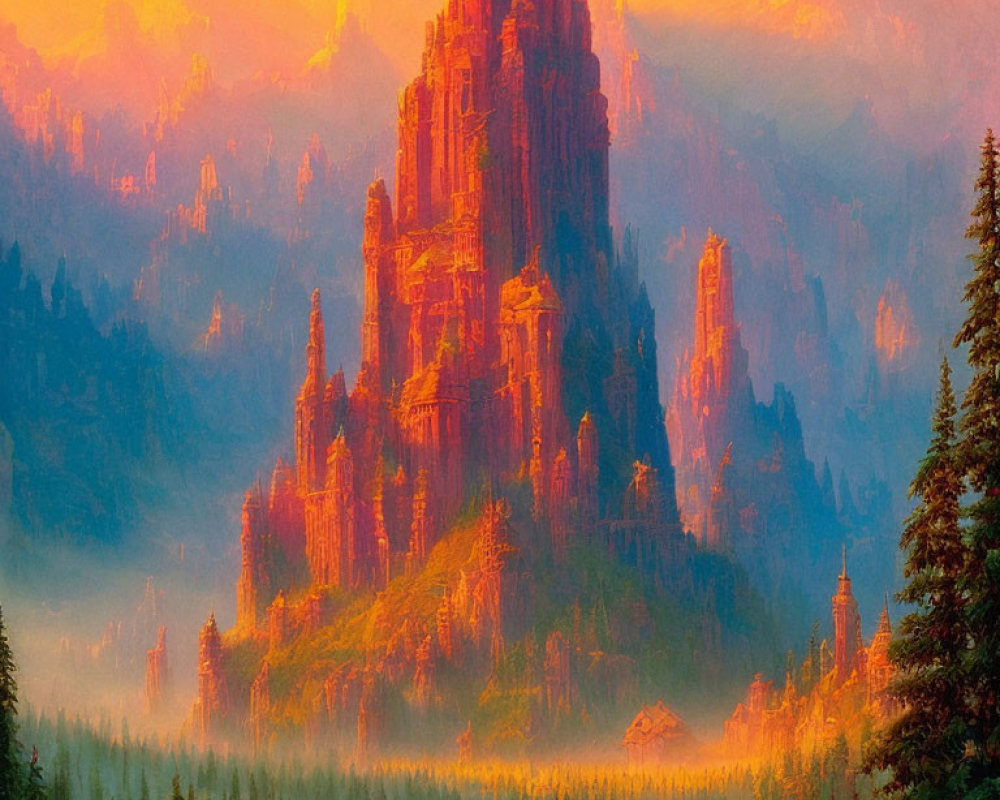 Sunlit rocky spires tower over misty forest in warm, glowing landscape