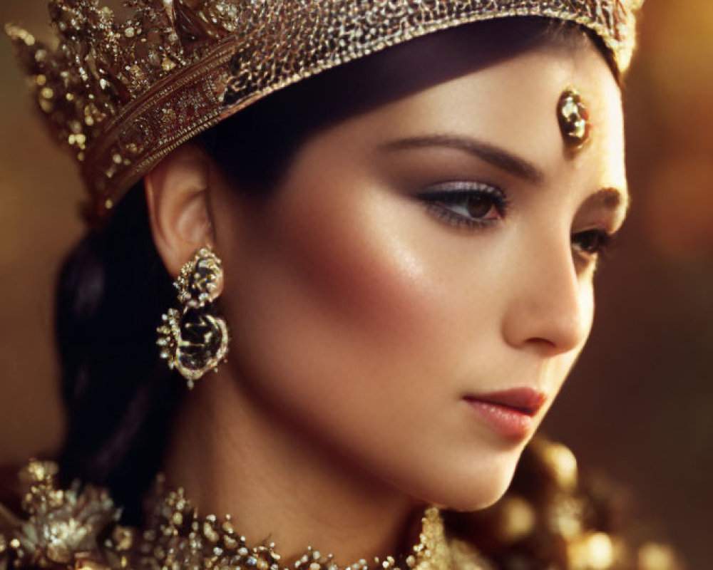 Regal woman with golden crown and jewelry in serene gaze