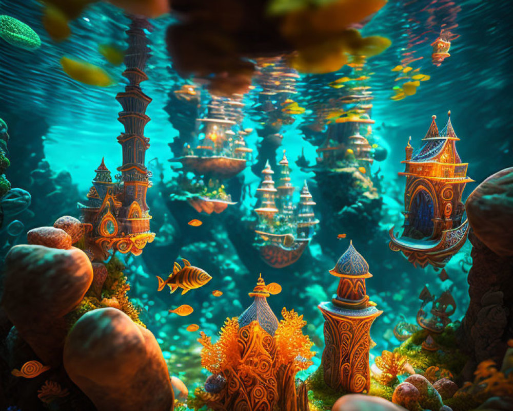 Colorful Coral Reefs and Fantasy Towers in Sunlit Ocean Scene