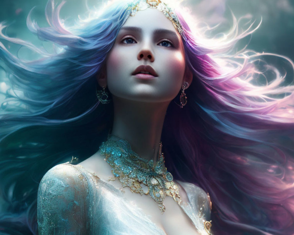 Multicolored flowing hair woman portrait with ornate jewelry