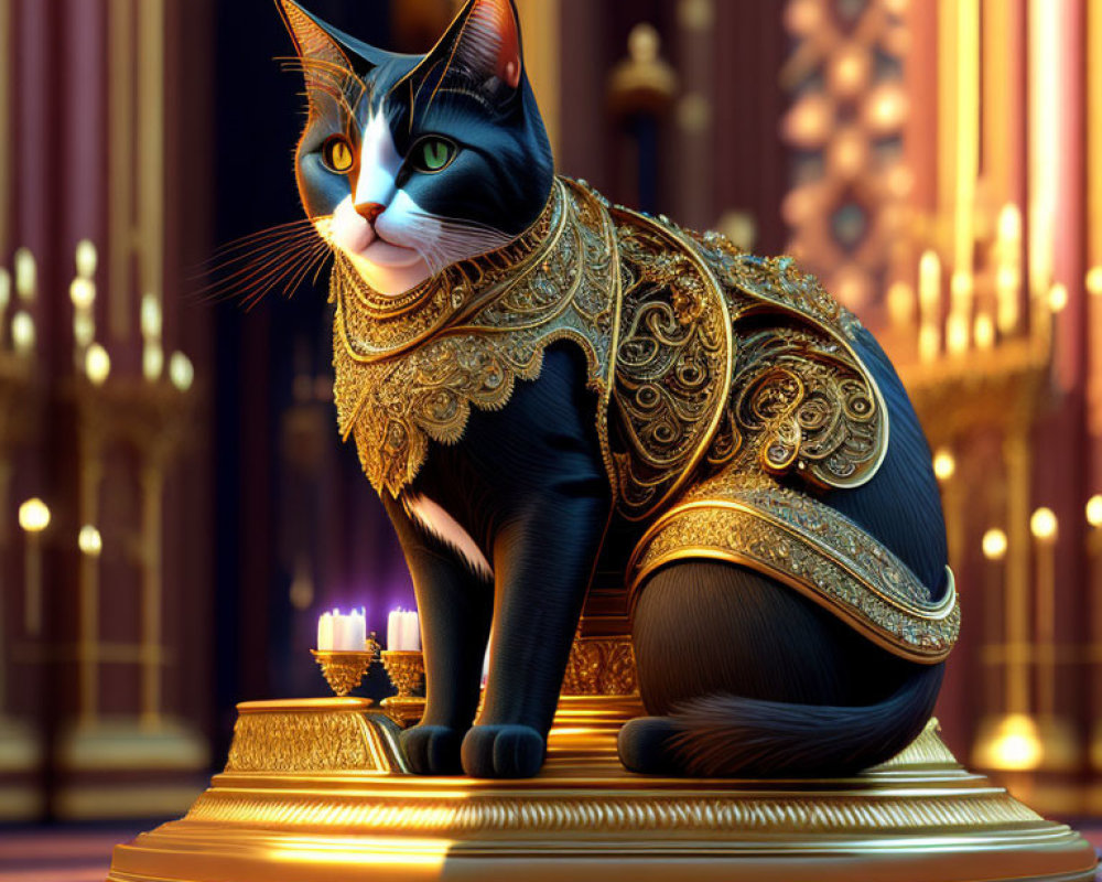 Regal Black and White Cat with Golden Mantle on Grand Pedestal