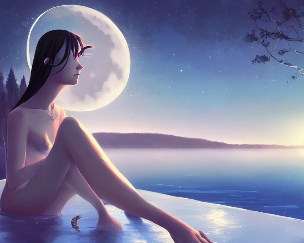 Tranquil lakeside scene with woman, moon, and sunrise