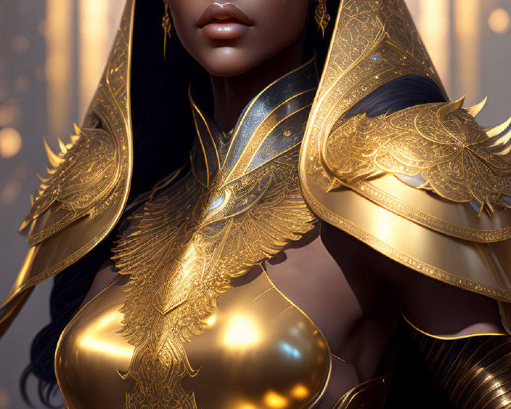 Golden-armored woman with tattoos in soft-lit setting