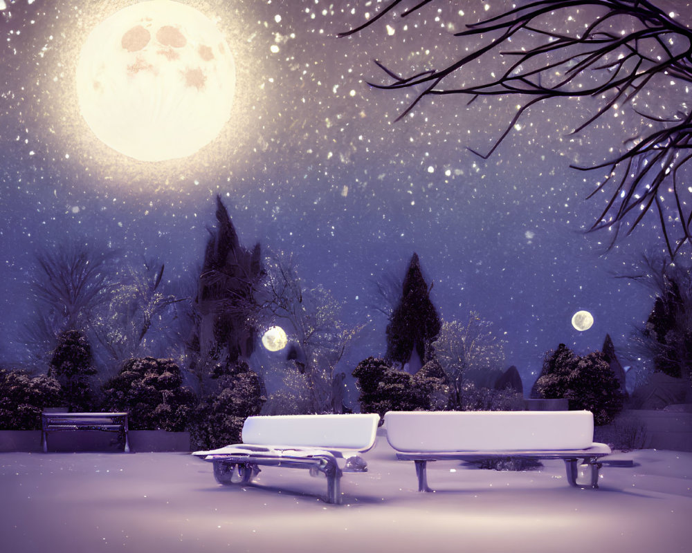 Snowy Park at Night: Two Benches, Leafless Trees, Full Moon, Falling Snowfl