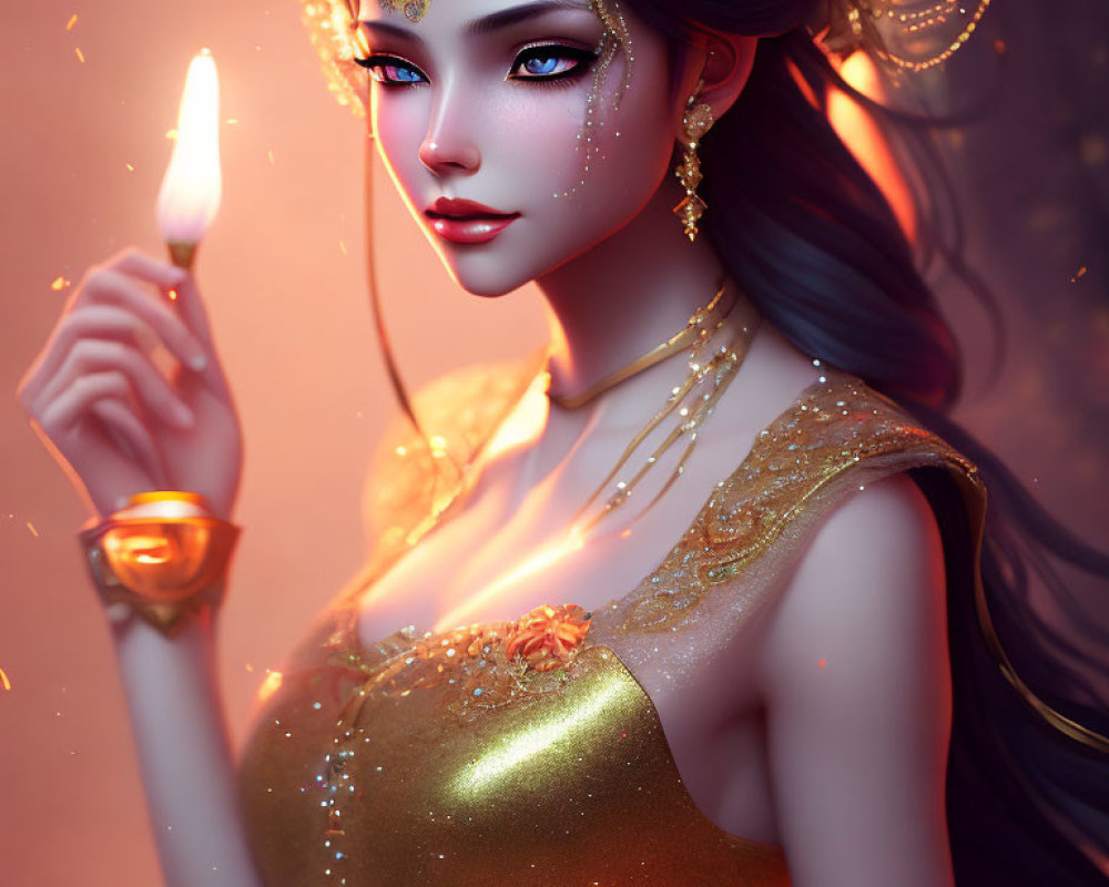 Fantasy woman with gold jewelry holding a candle on warm backdrop