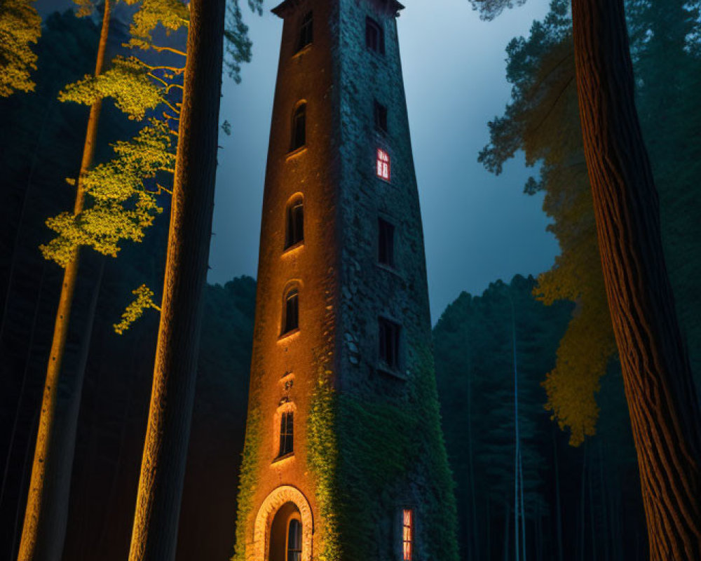 Tall Tower in Dark Forest with Glowing Windows