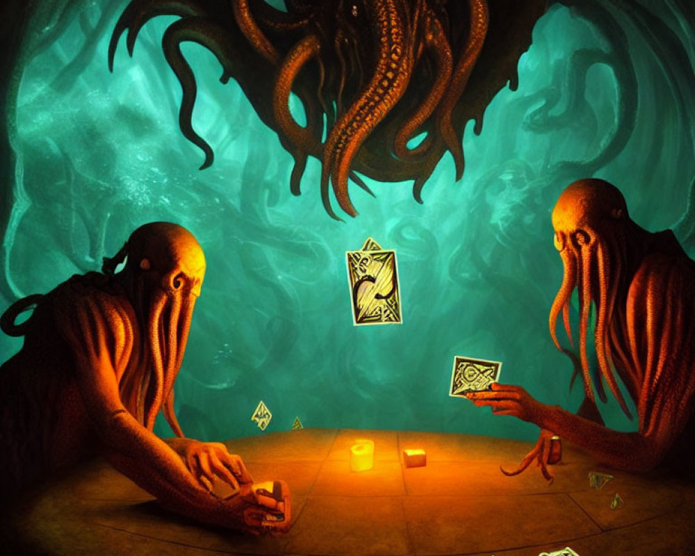 Underwater scene: Octopus-like creatures playing cards with glowing light surrounded by floating cards