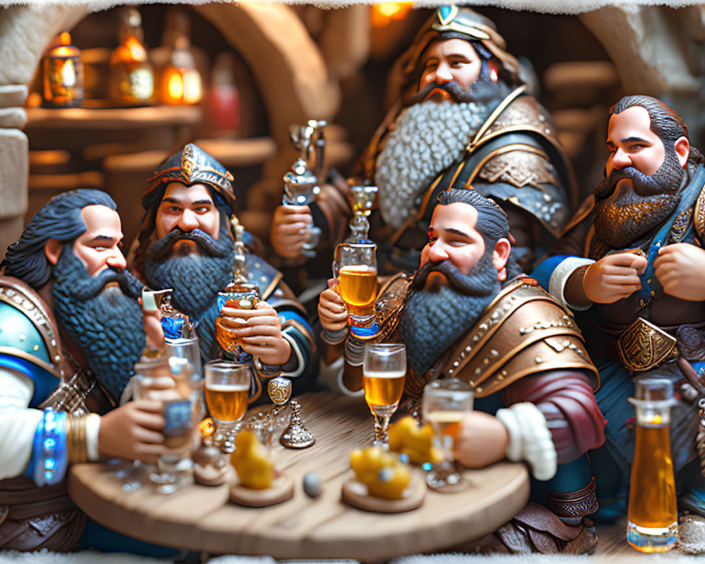 Animated dwarves feasting in tavern with warm, rustic backdrop