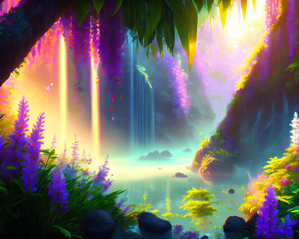 Tranquil fantasy landscape with vibrant flora, waterfalls, sunbeams, and serene pond