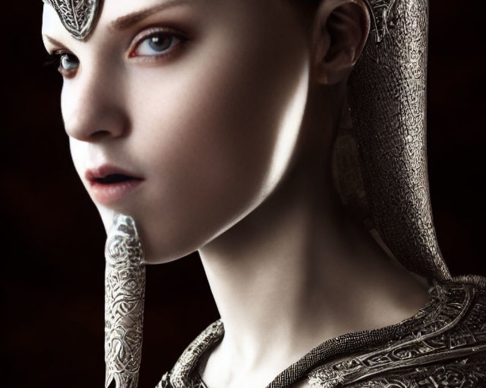 Striking woman in ornate crown and armor, gazing intently