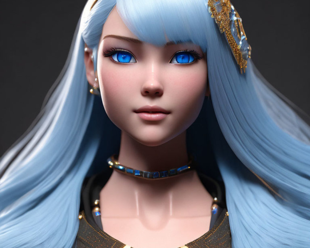 Character portrait with blue hair, blue eyes, gold headpiece, black outfit