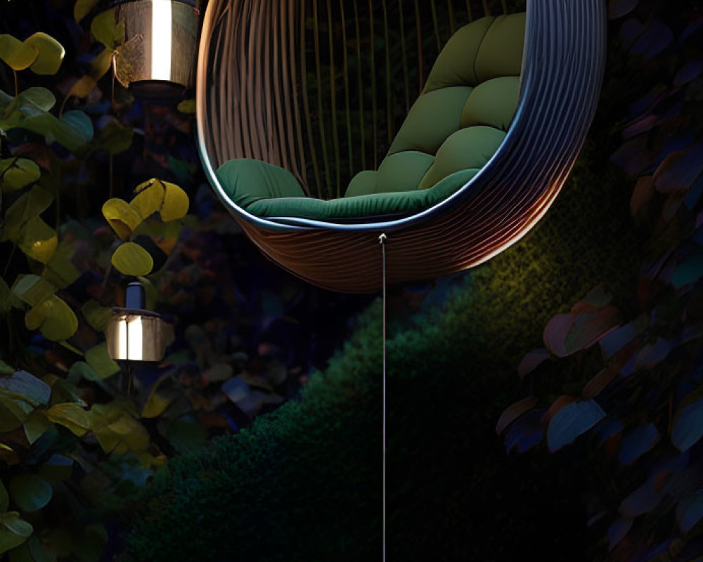 Comfortable outdoor hanging pod chair with cushions in lush greenery at night