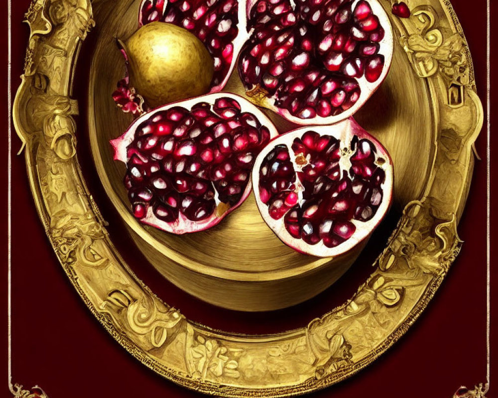 Golden tray with pomegranate and seeds on red backdrop