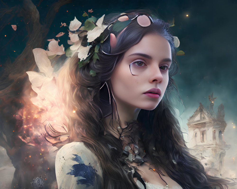 Fantasy woman digital artwork with floral crown and ethereal backdrop