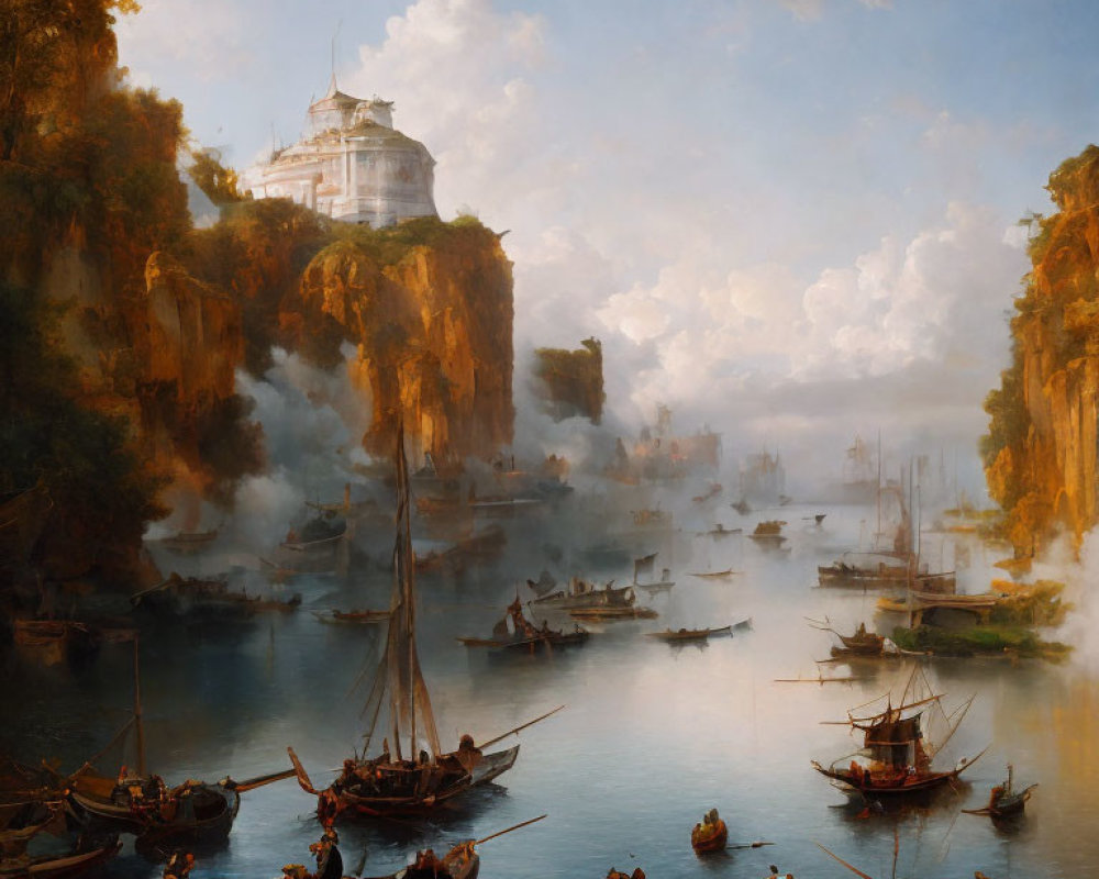 Classical painting of serene harbor with boats and cliff-top structure