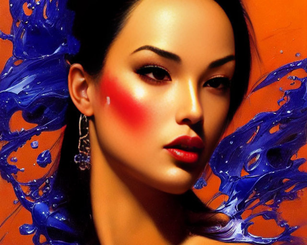 Vibrant digital art: woman with rouge cheeks, dynamic blue paint strokes.