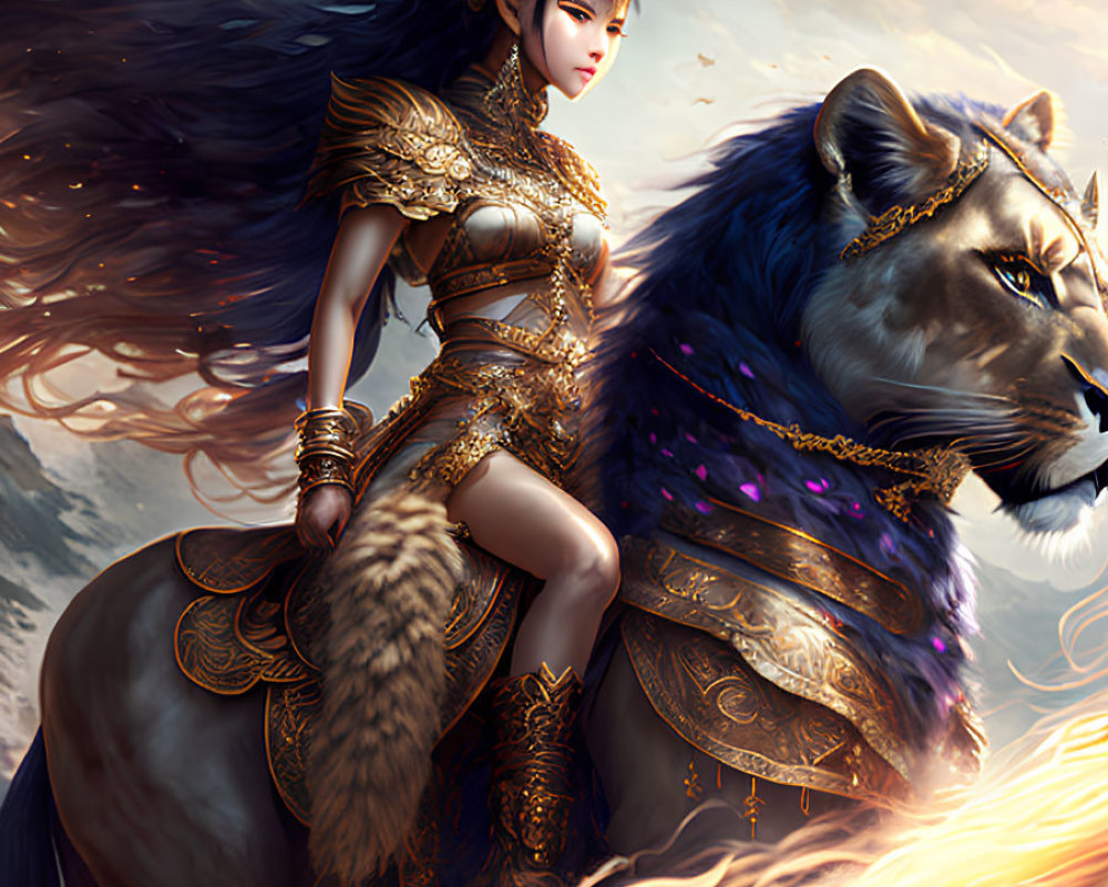 Regal warrior woman in golden armor riding lion under dramatic sky