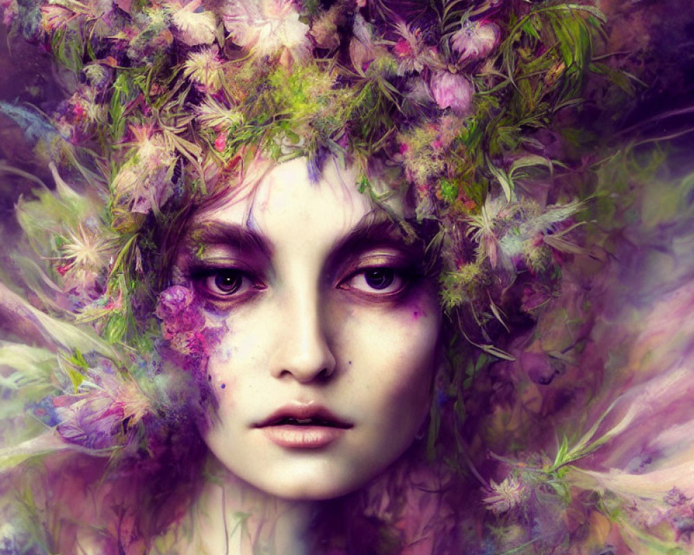 Surreal portrait with floral elements and vibrant purple hues